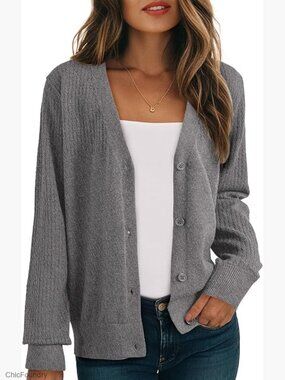 Wool Blend V-Neck Cardigan Long Sleeve Button Down Hollow Out Knit